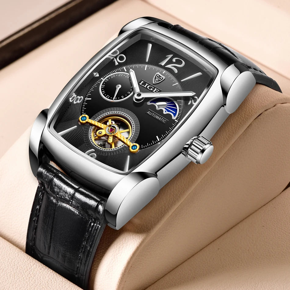 LIGE Top Brand Luxury Mens Watches Square Automatic Watch for Men Tourbillon Clock Genuine Leather Waterproof Mechanical Watch
