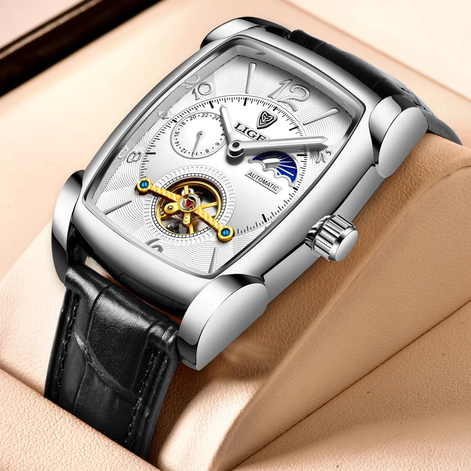 LIGE Top Brand Luxury Mens Watches Square Automatic Watch for Men Tourbillon Clock Genuine Leather Waterproof Mechanical Watch