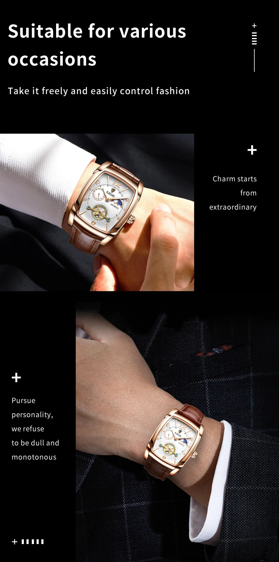 LIGE Top Brand Luxury Mens Watches Square Automatic Watch for Men Tourbillon Clock Genuine Leather Waterproof Mechanical Watch