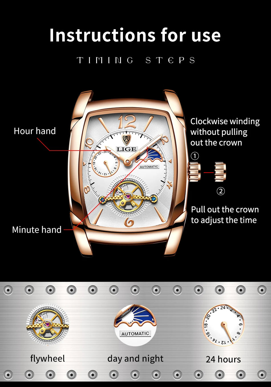 LIGE Top Brand Luxury Mens Watches Square Automatic Watch for Men Tourbillon Clock Genuine Leather Waterproof Mechanical Watch