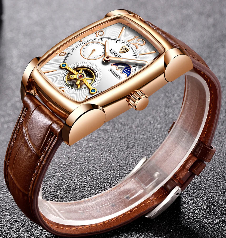 LIGE Top Brand Luxury Mens Watches Square Automatic Watch for Men Tourbillon Clock Genuine Leather Waterproof Mechanical Watch