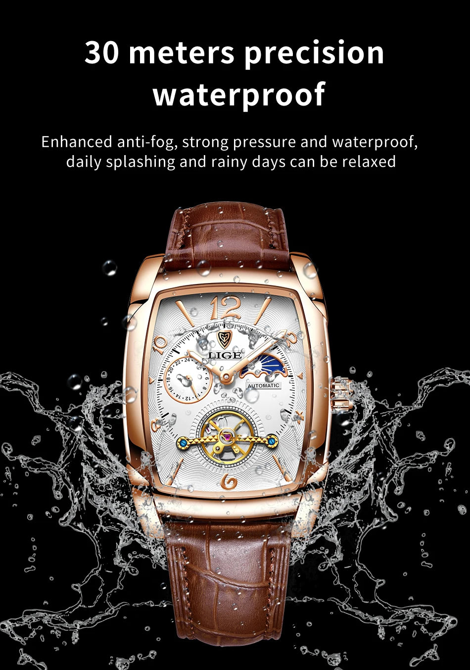 LIGE Top Brand Luxury Mens Watches Square Automatic Watch for Men Tourbillon Clock Genuine Leather Waterproof Mechanical Watch