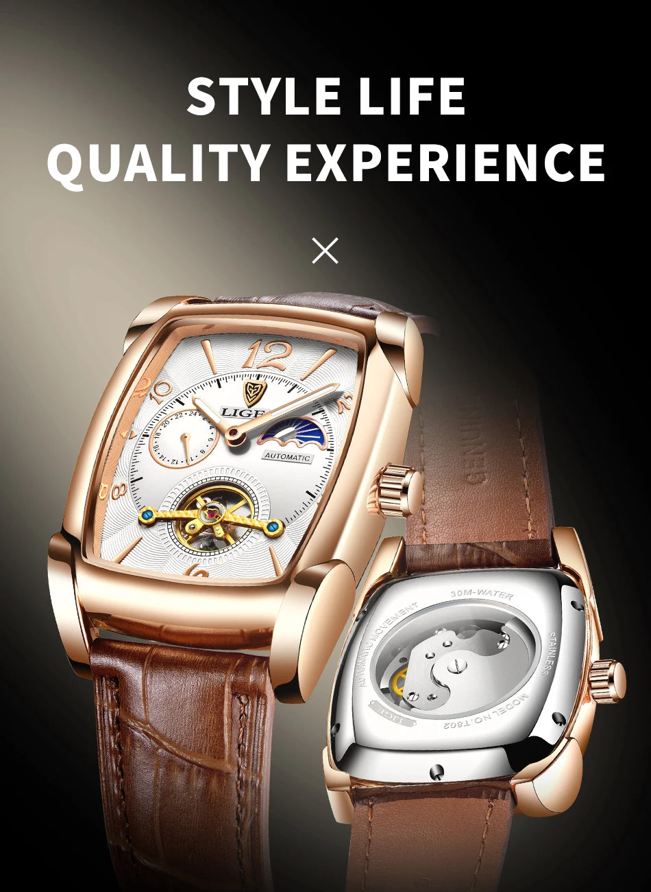 LIGE Top Brand Luxury Mens Watches Square Automatic Watch for Men Tourbillon Clock Genuine Leather Waterproof Mechanical Watch