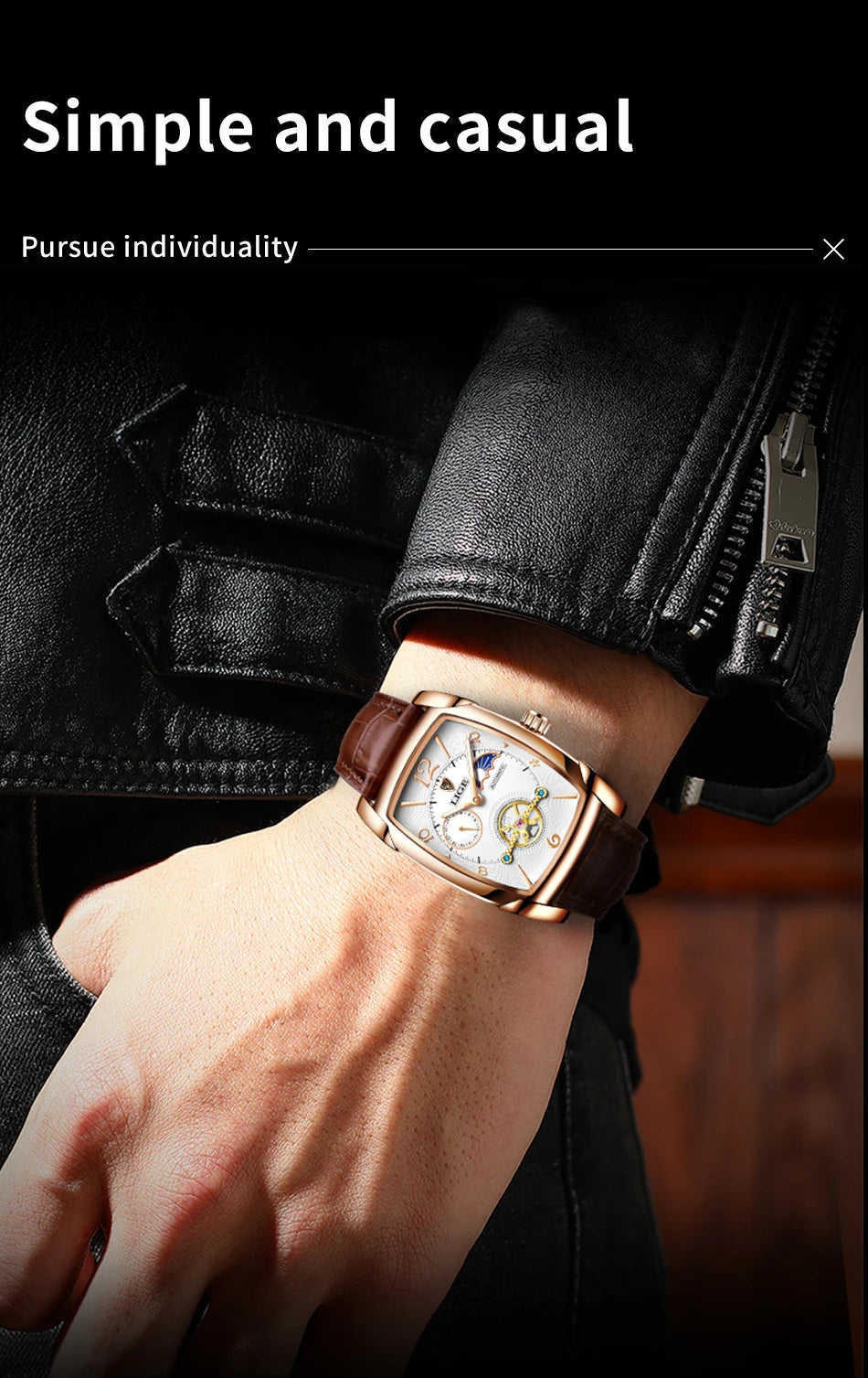 LIGE Top Brand Luxury Mens Watches Square Automatic Watch for Men Tourbillon Clock Genuine Leather Waterproof Mechanical Watch