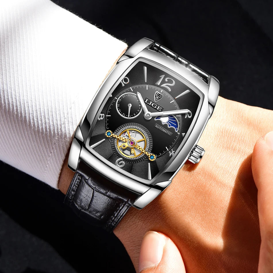 LIGE Top Brand Luxury Mens Watches Square Automatic Watch for Men Tourbillon Clock Genuine Leather Waterproof Mechanical Watch