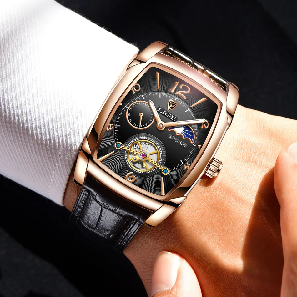 LIGE Top Brand Luxury Mens Watches Square Automatic Watch for Men Tourbillon Clock Genuine Leather Waterproof Mechanical Watch