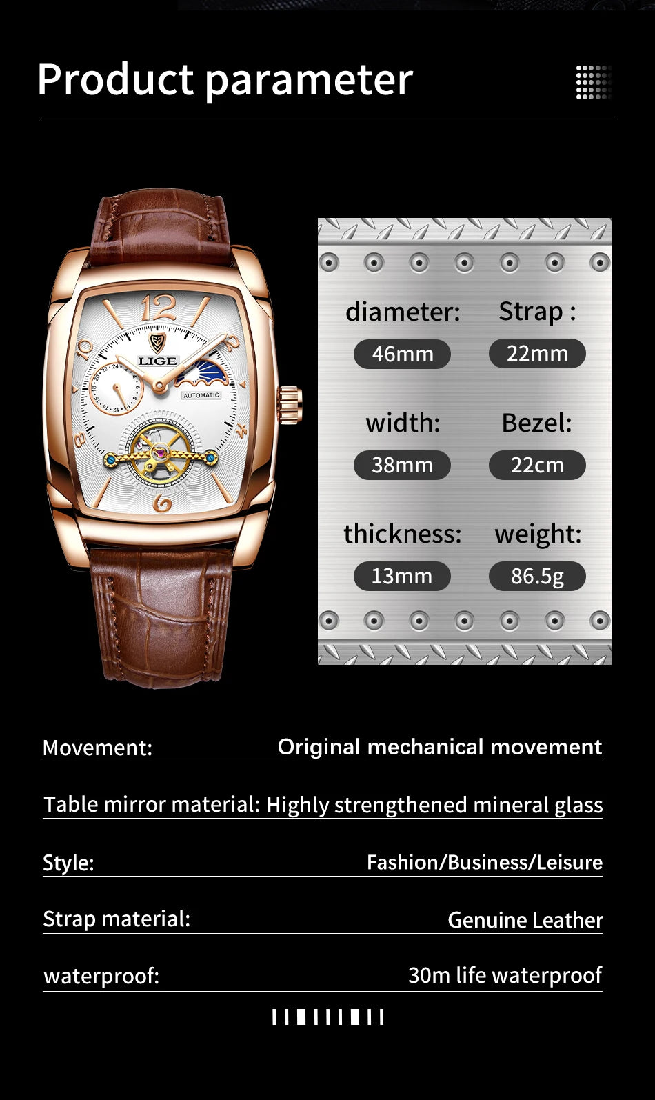 LIGE Top Brand Luxury Mens Watches Square Automatic Watch for Men Tourbillon Clock Genuine Leather Waterproof Mechanical Watch