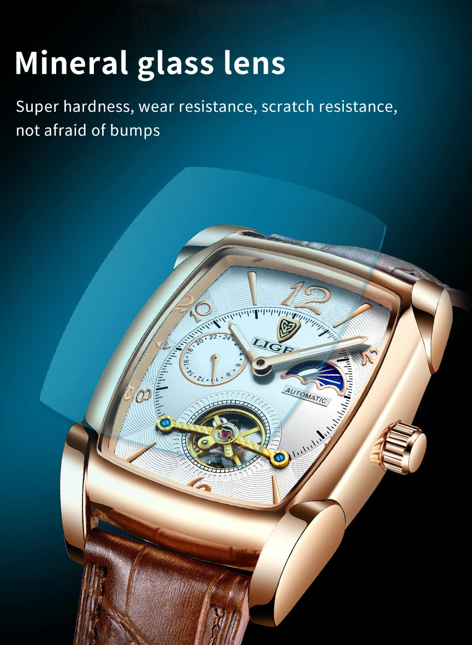 LIGE Top Brand Luxury Mens Watches Square Automatic Watch for Men Tourbillon Clock Genuine Leather Waterproof Mechanical Watch