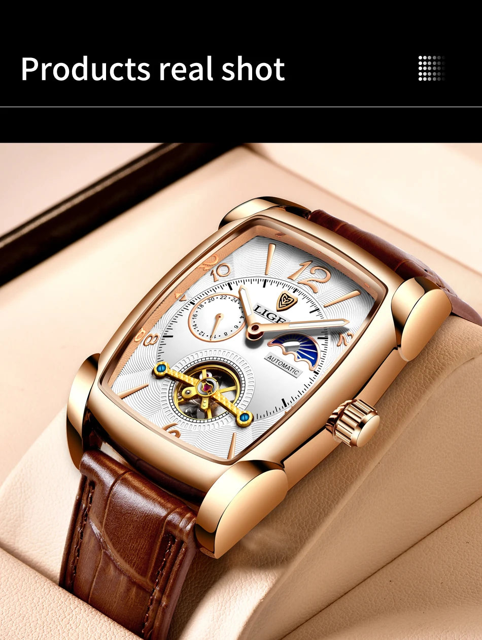 LIGE Top Brand Luxury Mens Watches Square Automatic Watch for Men Tourbillon Clock Genuine Leather Waterproof Mechanical Watch