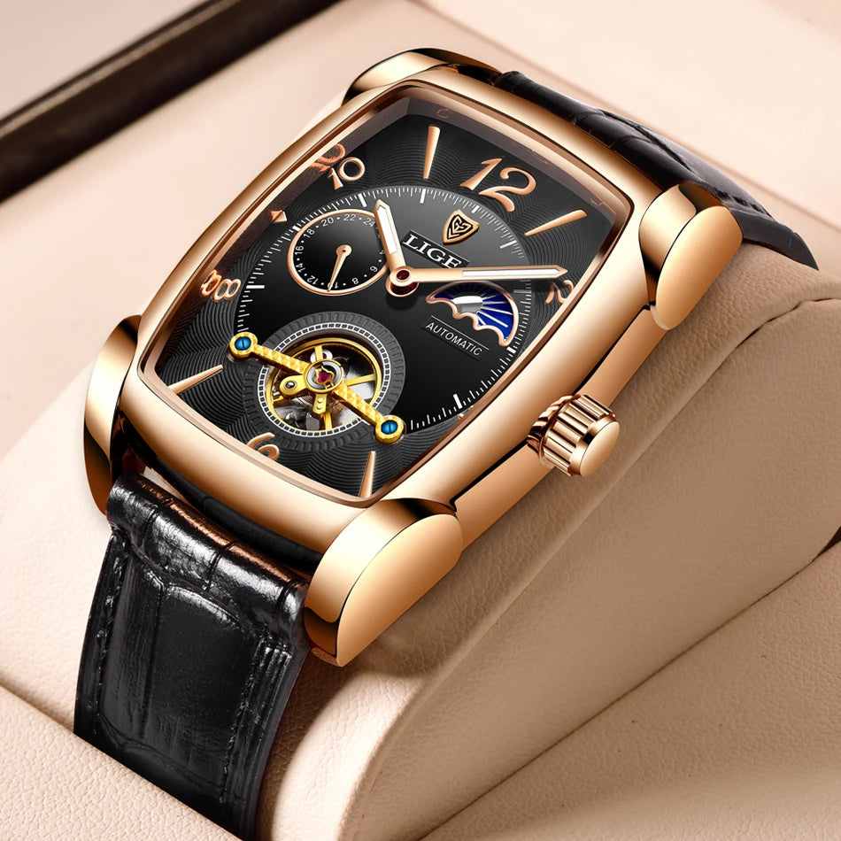 LIGE Top Brand Luxury Mens Watches Square Automatic Watch for Men Tourbillon Clock Genuine Leather Waterproof Mechanical Watch