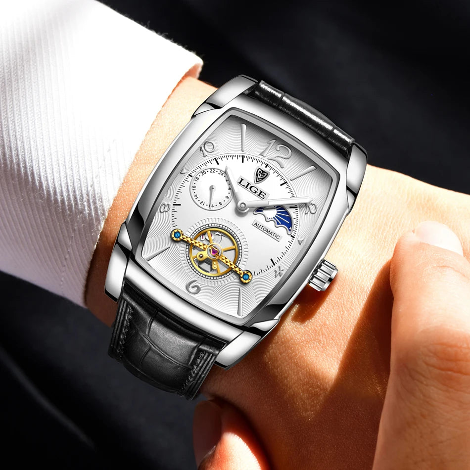 LIGE Top Brand Luxury Mens Watches Square Automatic Watch for Men Tourbillon Clock Genuine Leather Waterproof Mechanical Watch
