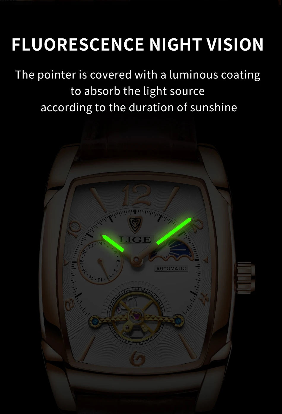 LIGE Top Brand Luxury Mens Watches Square Automatic Watch for Men Tourbillon Clock Genuine Leather Waterproof Mechanical Watch