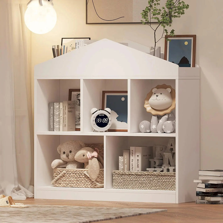 Toy Storage Organizer 5-Cubby Kids Bookshelf White Bookcase Toddlers Playhouse Cabinet Shelf for Boys Girls Wooden Cubby Storage