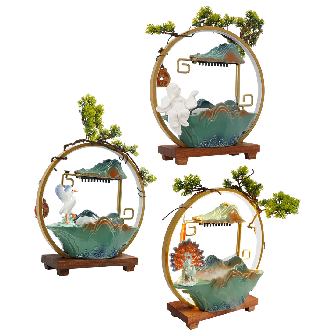 Tabletop Ceramics Water Fountain Indoor lucky Water Fountain with LED Light Rockery Waterfall Fountain with Atomizer