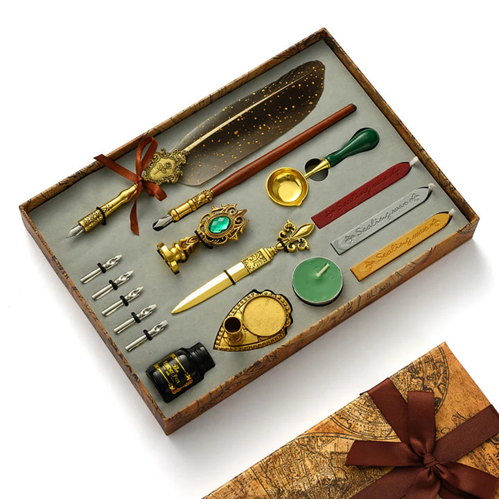 Retro Feather Pen Writing Ink Set Creative Exquisite Feather Dip Fountain Pen Sets Art Supplies Crafts Gifts for Student DIY