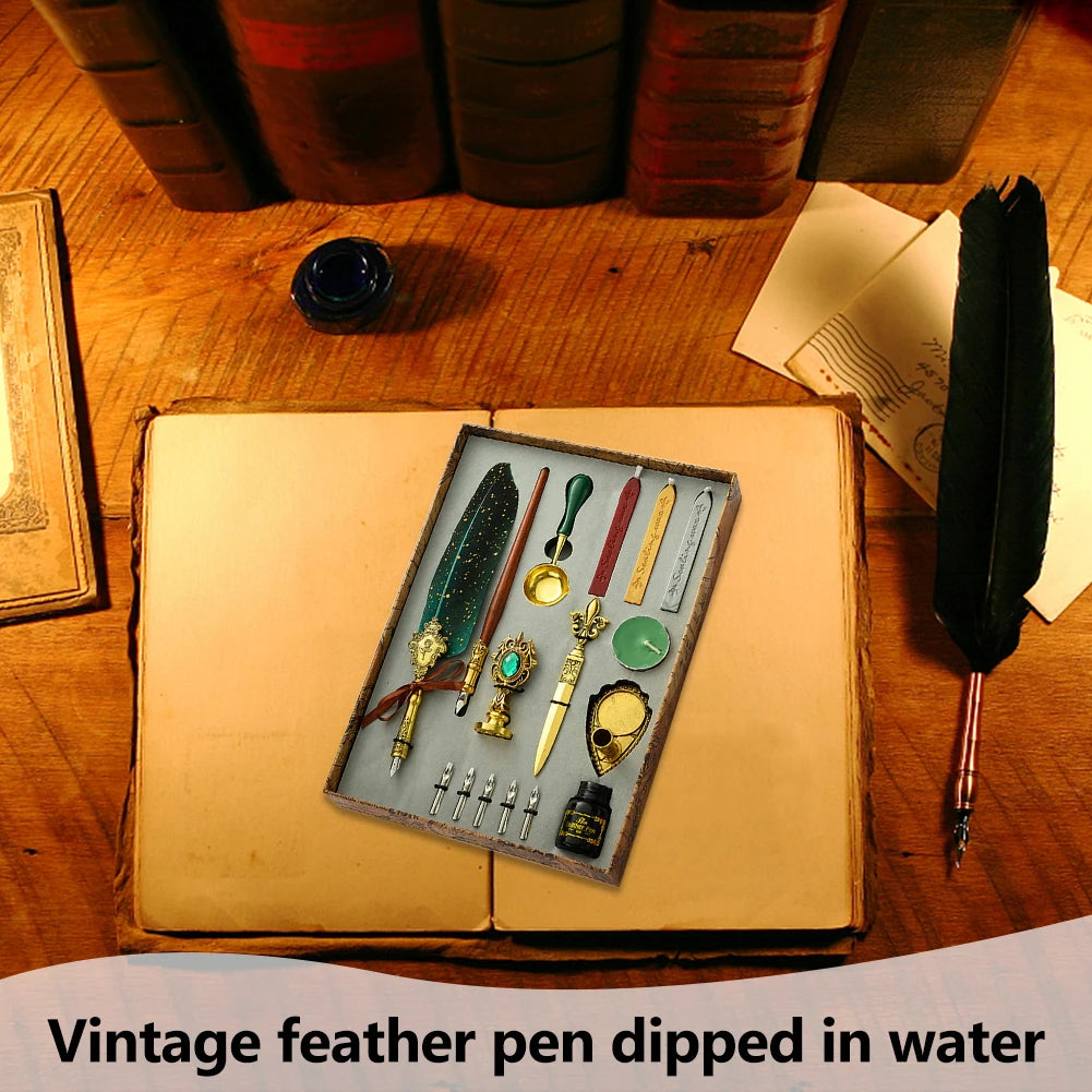 Retro Feather Pen Writing Ink Set Creative Exquisite Feather Dip Fountain Pen Sets Art Supplies Crafts Gifts for Student DIY