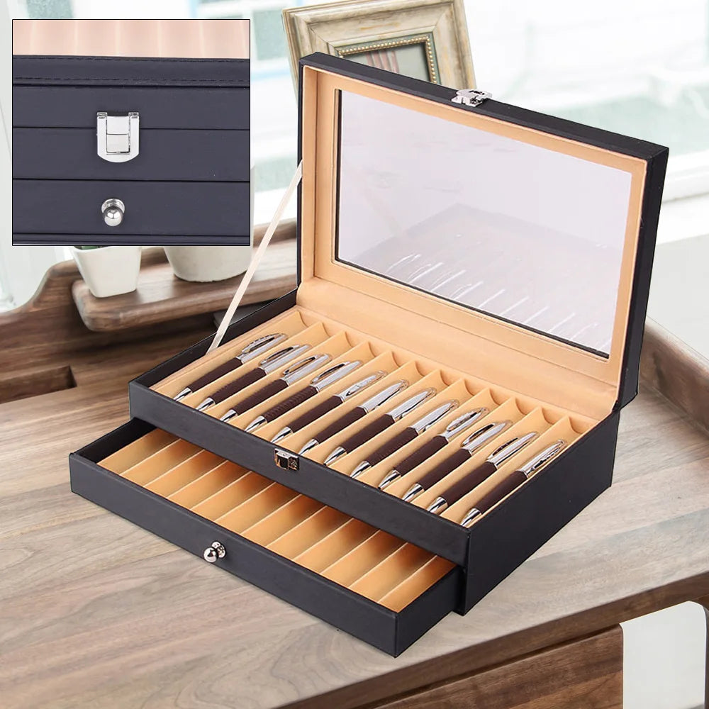 Leather Storage Collector Organizer Box 24 Fountain Pen Display Case Holder Stationery School Office Supples Bag