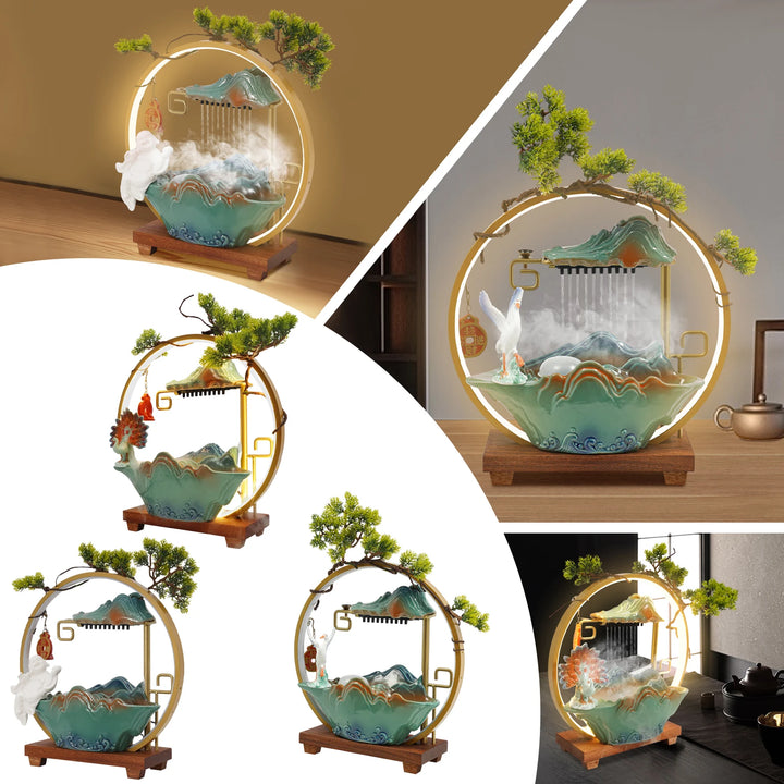 Tabletop Ceramics Water Fountain Indoor lucky Water Fountain with LED Light Rockery Waterfall Fountain with Atomizer