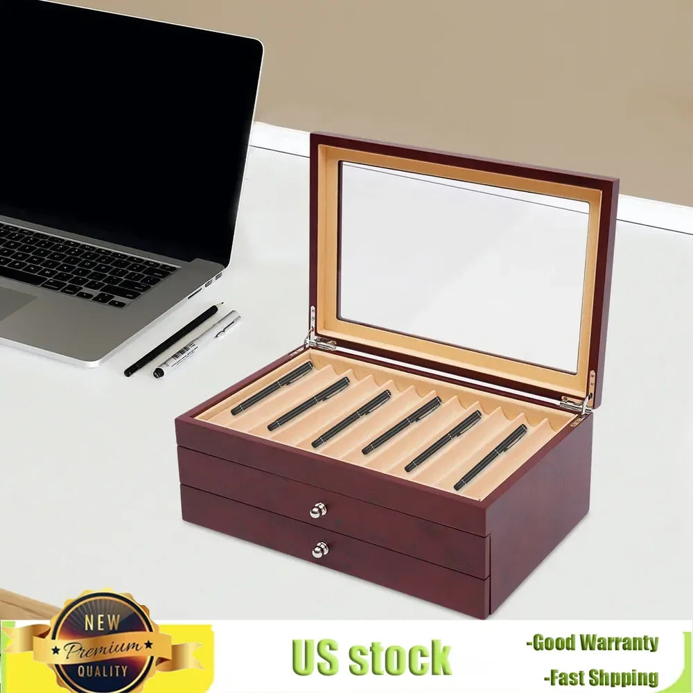 Bymaocar 3 Layers 34 Slots Fountain Pen Display Box Wood Collector High-grade Pu Leather Storage Case Large Capacity Home Decor