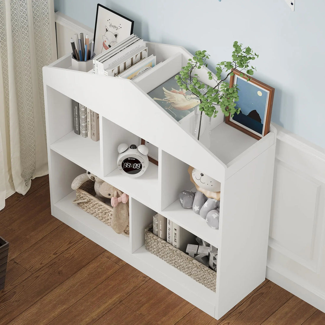 Toy Storage Organizer 5-Cubby Kids Bookshelf White Bookcase Toddlers Playhouse Cabinet Shelf for Boys Girls Wooden Cubby Storage