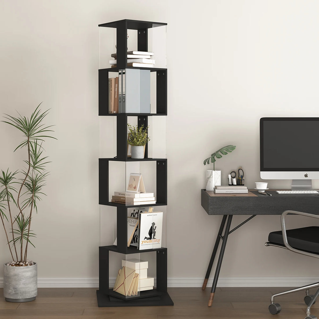 360° Rotating 5-Tier/6-Tier Bookshelf Tower, Floor Standing Wood Narrow Organizer Bookcase For Bedroom Living Room Study Room