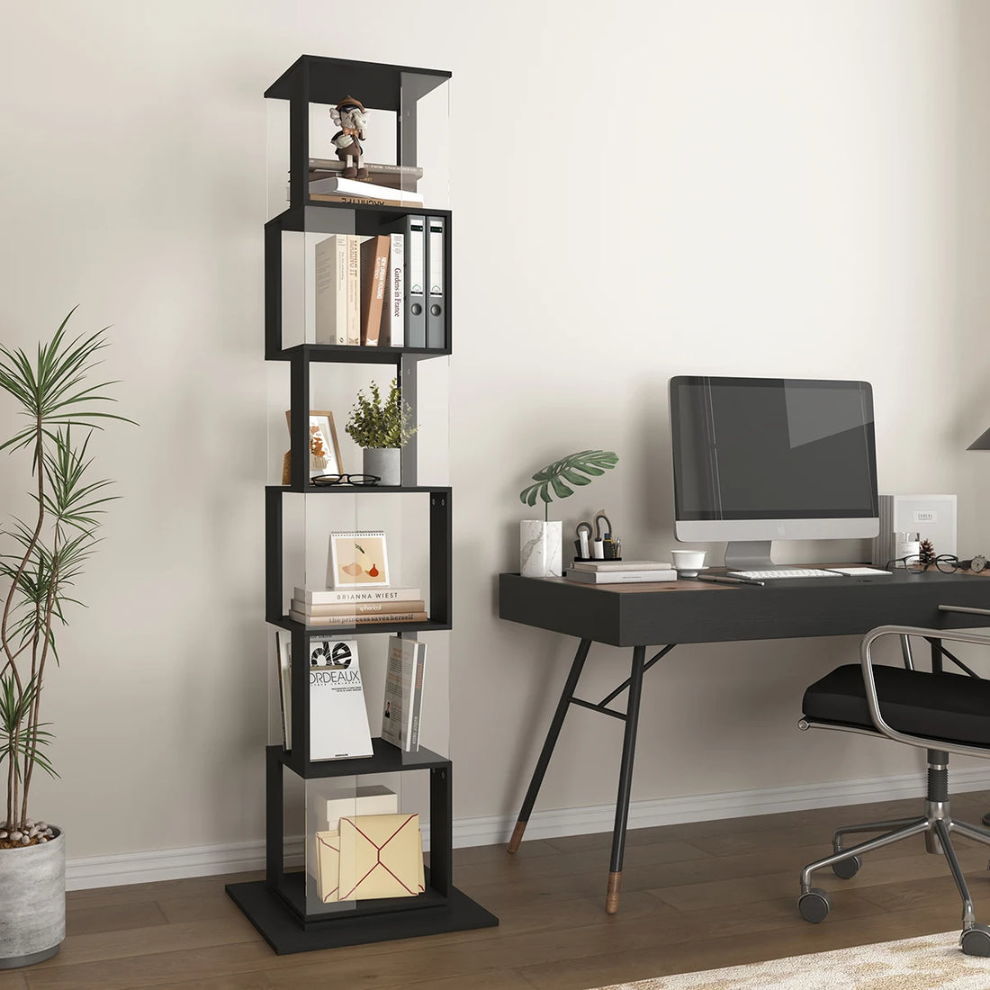 360° Rotating 5-Tier/6-Tier Bookshelf Tower, Floor Standing Wood Narrow Organizer Bookcase For Bedroom Living Room Study Room