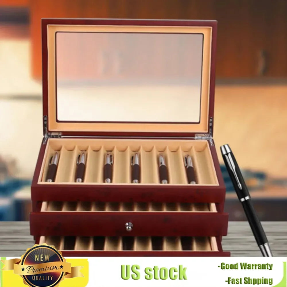 Bymaocar 3 Layers 34 Slots Fountain Pen Display Box Wood Collector High-grade Pu Leather Storage Case Large Capacity Home Decor