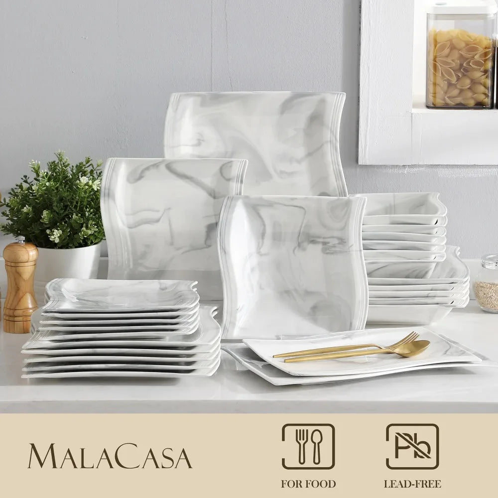 MALACASA FLORA Ceramics Tableware 26PCS Nordic European Marble Gray Porcelain Tableware Set with 6 Bowl Dinner Plate Dessert