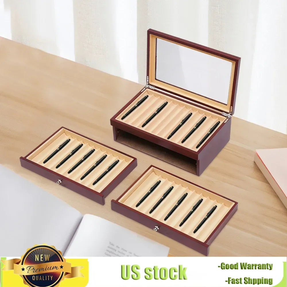 Bymaocar 3 Layers 34 Slots Fountain Pen Display Box Wood Collector High-grade Pu Leather Storage Case Large Capacity Home Decor