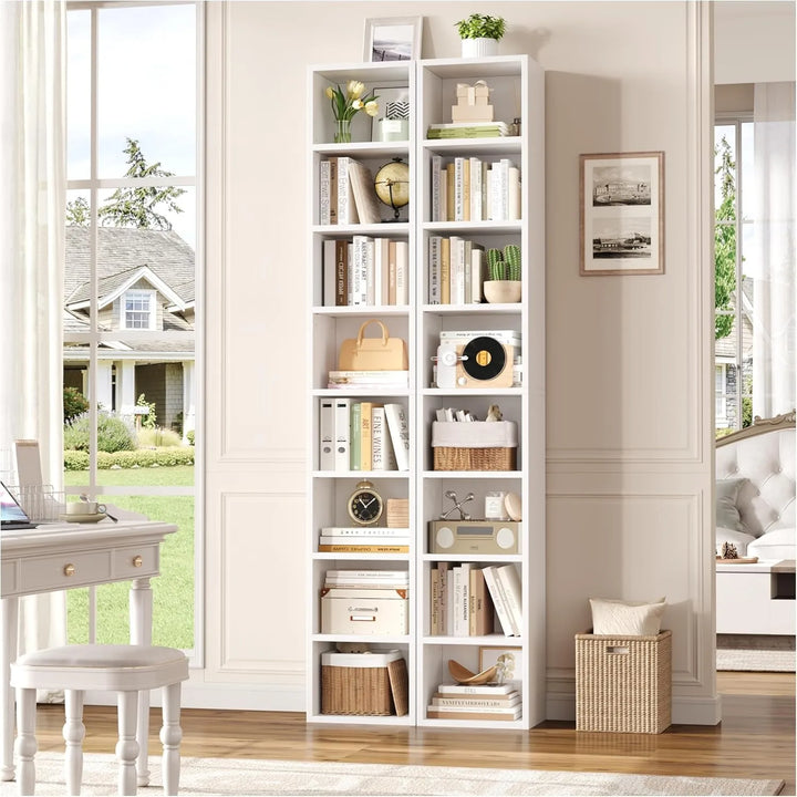 2 Pcs 71'' Tall Narrow Bookshelf, 8-Tier Media Tower Rack Set of 2, CD DVD Storage Cabinet with Adjustable Shelves, Tall Narrow