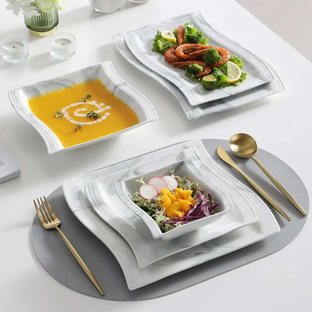 MALACASA FLORA Ceramics Tableware 26PCS Nordic European Marble Gray Porcelain Tableware Set with 6 Bowl Dinner Plate Dessert