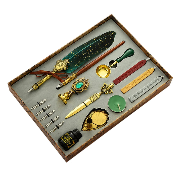 Retro Feather Pen Writing Ink Set Creative Exquisite Feather Dip Fountain Pen Sets Art Supplies Crafts Gifts for Student DIY