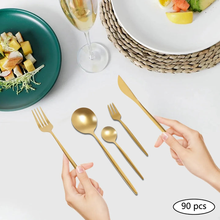 90PCS Gold Dinnerware Set Gold Flatware Cutlery Set Stainless Steel Utensils Set for Home Restaurant