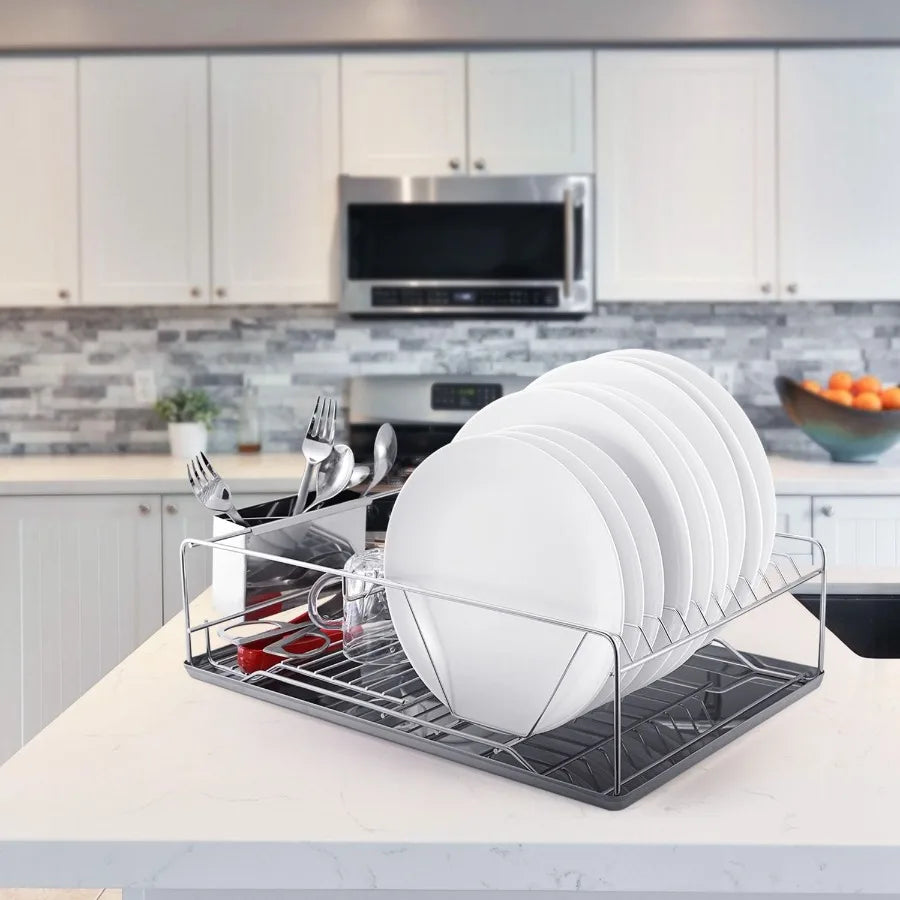 Dish Drying Rack Stainless Steel Dish Rack w Drainboard Cutlery Holder Kitchen Dish Organizer