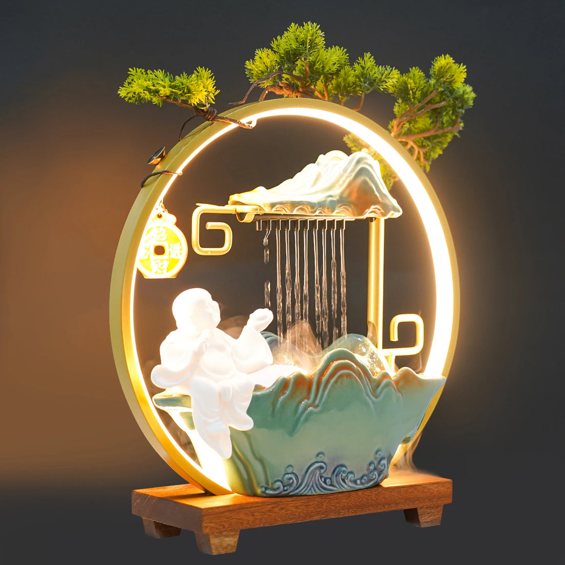 Tabletop Ceramics Water Fountain Indoor lucky Water Fountain with LED Light Rockery Waterfall Fountain with Atomizer