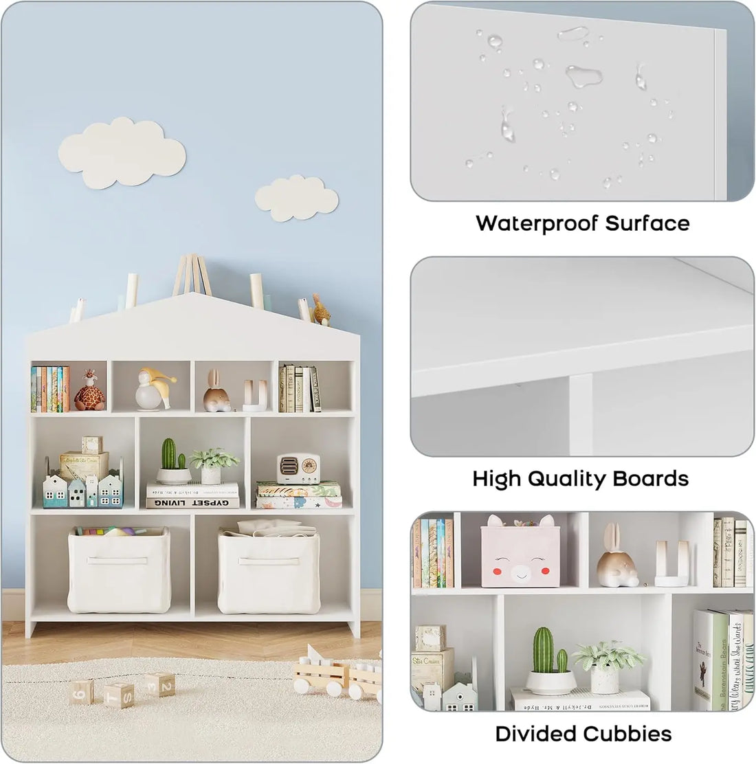 Toy Storage Organizer 9-Cubby Kids Bookshelf 40.7in Width White Bookcase Toddlers Playhouse Cabinet Shelf for Boys Girls