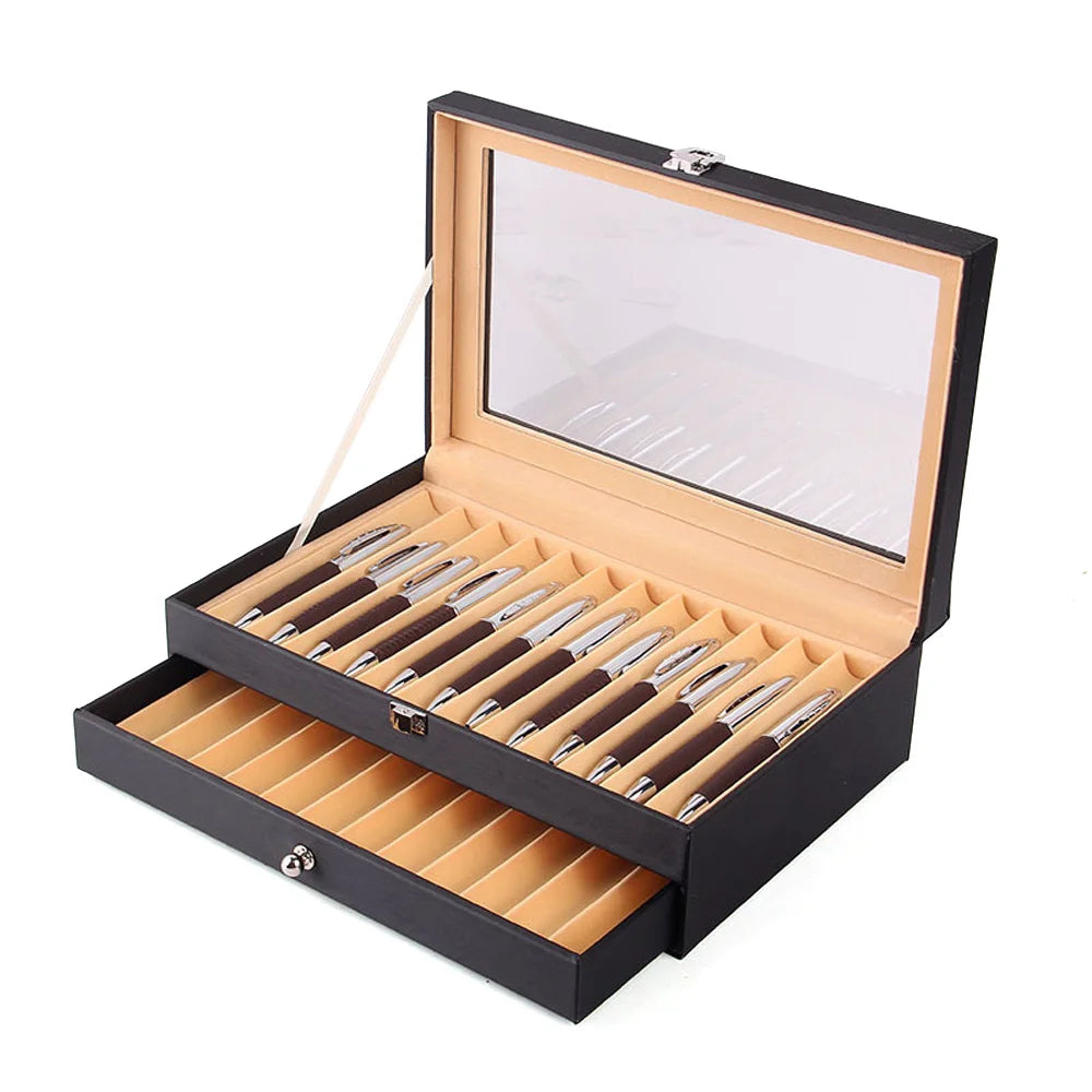 24 Fountain Pen Display Case Holder Leather Storage Collector Organizer Box