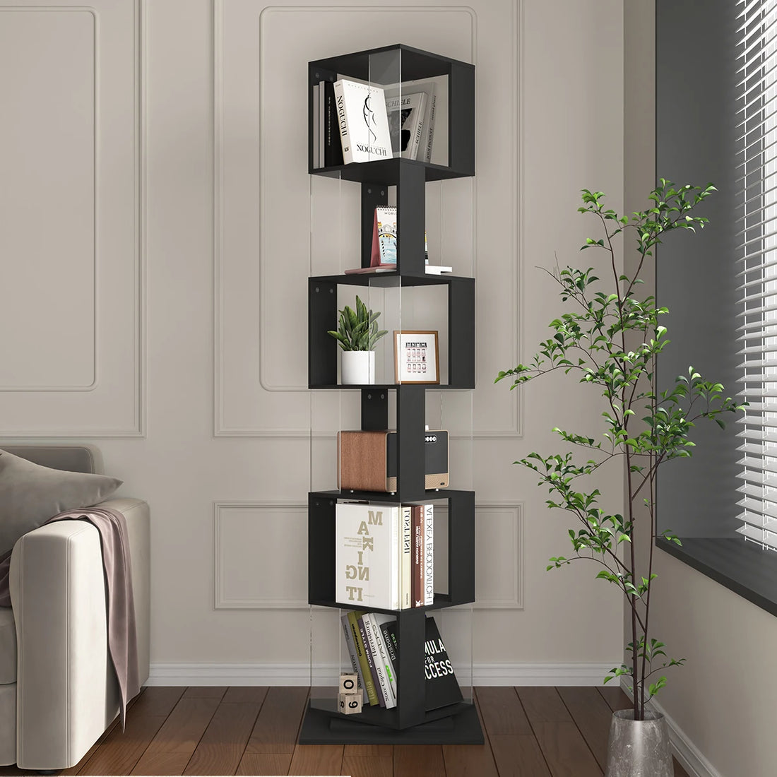 360° Rotating 5-Tier/6-Tier Bookshelf Tower, Floor Standing Wood Narrow Organizer Bookcase For Bedroom Living Room Study Room