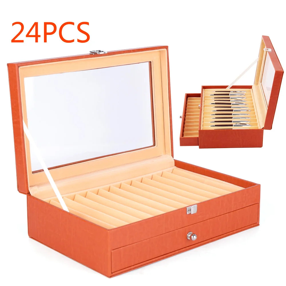 24/36 Fountain Pen Display Case Holder Leather Storage Collector Organizer Box Slot