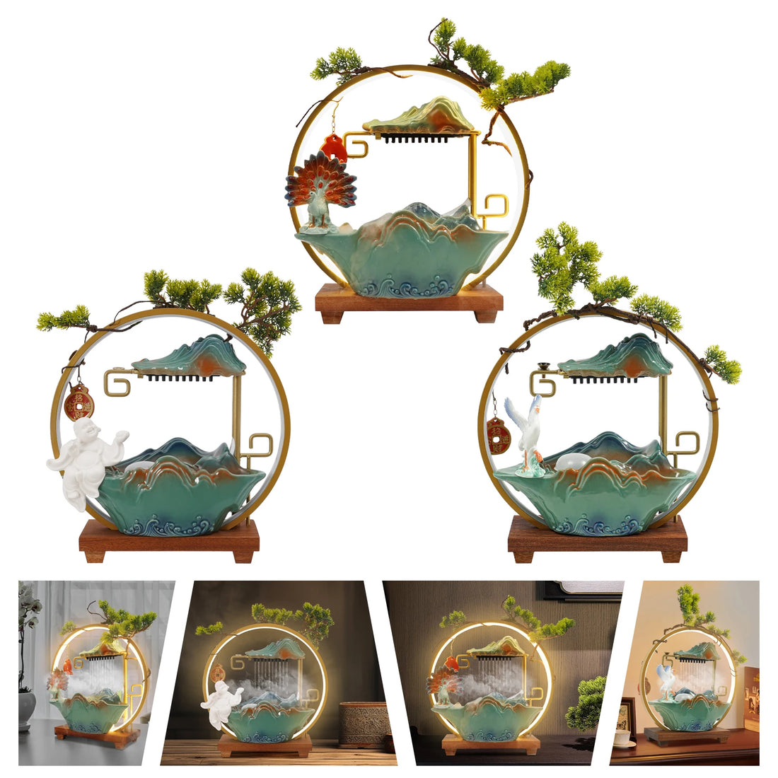 Tabletop Ceramics Water Fountain Indoor lucky Water Fountain with LED Light Rockery Waterfall Fountain with Atomizer