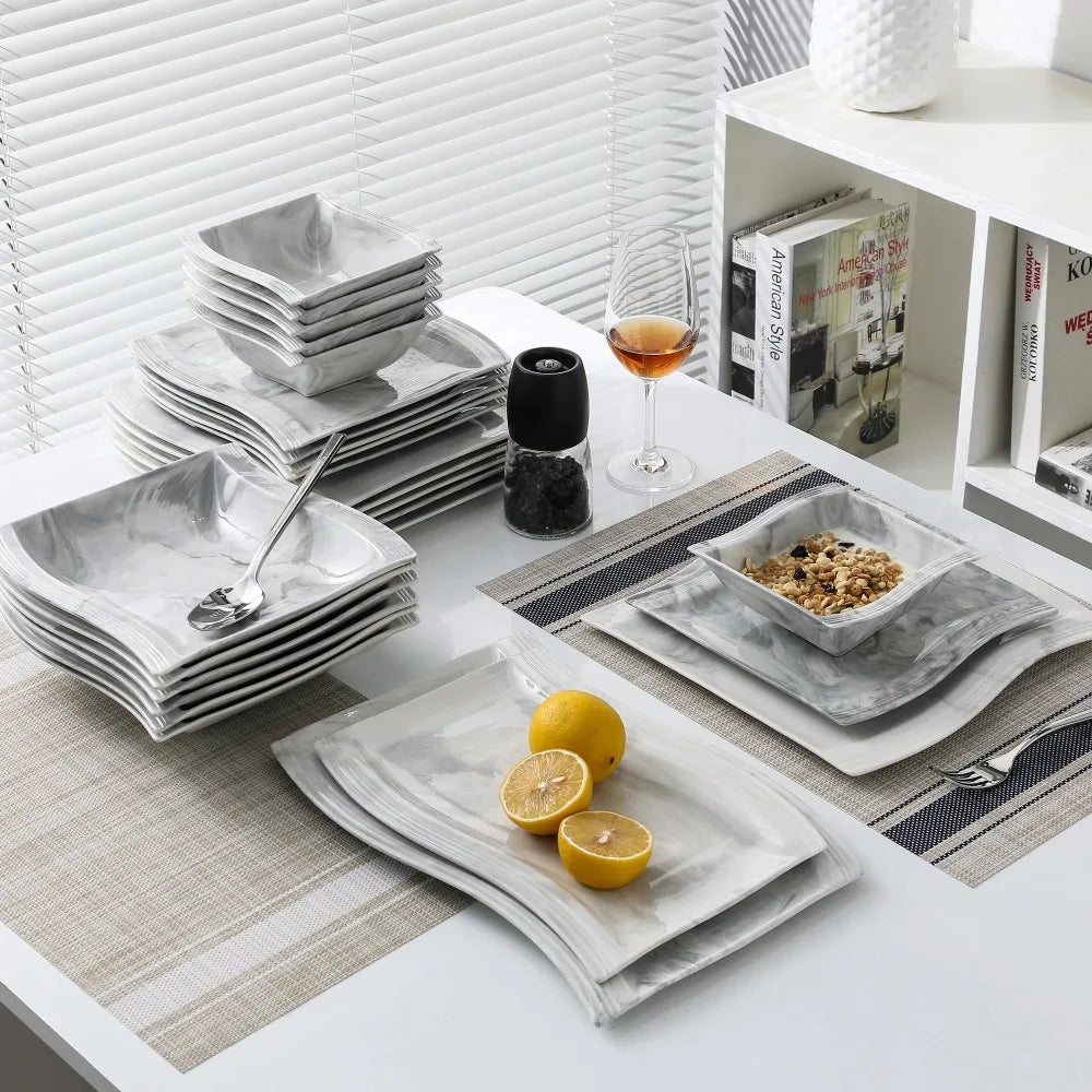 MALACASA FLORA Ceramics Tableware 26PCS Nordic European Marble Gray Porcelain Tableware Set with 6 Bowl Dinner Plate Dessert