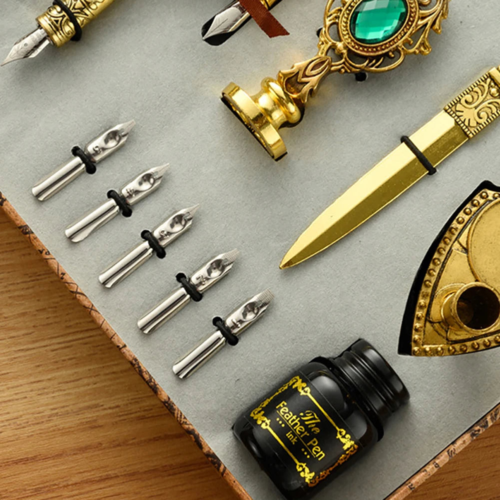 Retro Feather Pen Writing Ink Set Creative Exquisite Feather Dip Fountain Pen Sets Art Supplies Crafts Gifts for Student DIY