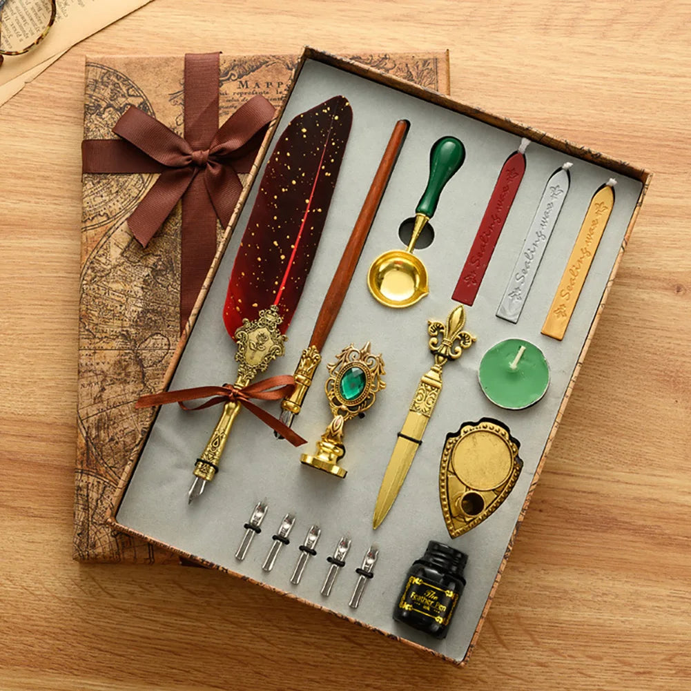 Retro Feather Pen Writing Ink Set Creative Exquisite Feather Dip Fountain Pen Sets Art Supplies Crafts Gifts for Student DIY