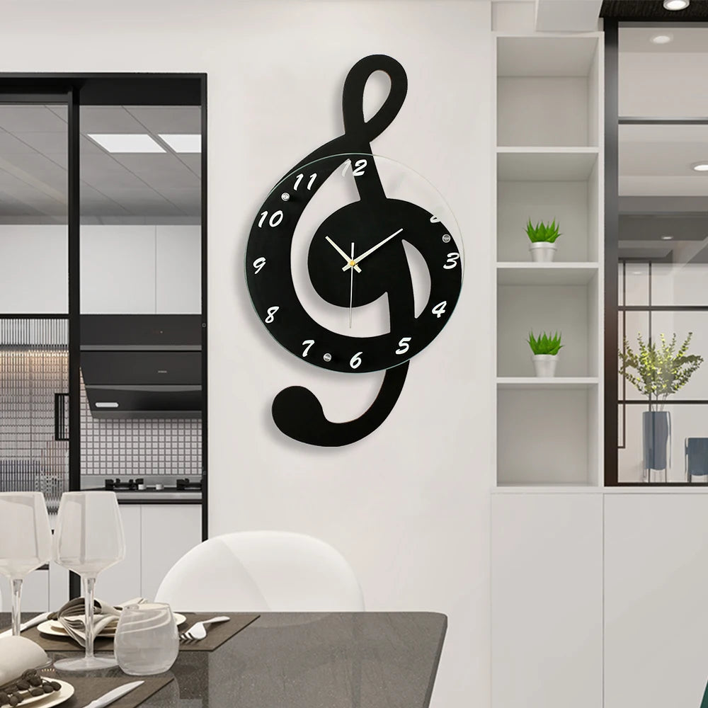 Durable Stylish Musical Note Wall Clock, Silent Non-Ticking, Battery Operated, Modern Black Decor, 9.45In Round, Quartz Movement