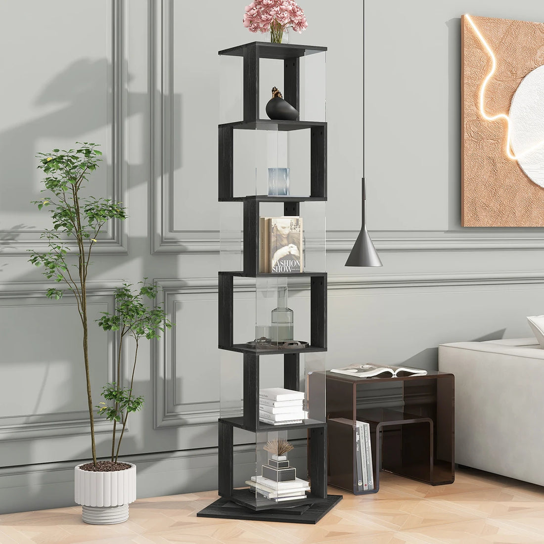 360° Rotating 5-Tier/6-Tier Bookshelf Tower, Floor Standing Wood Narrow Organizer Bookcase For Bedroom Living Room Study Room
