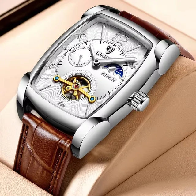 LIGE Top Brand Luxury Mens Watches Square Automatic Watch for Men Tourbillon Clock Genuine Leather Waterproof Mechanical Watch
