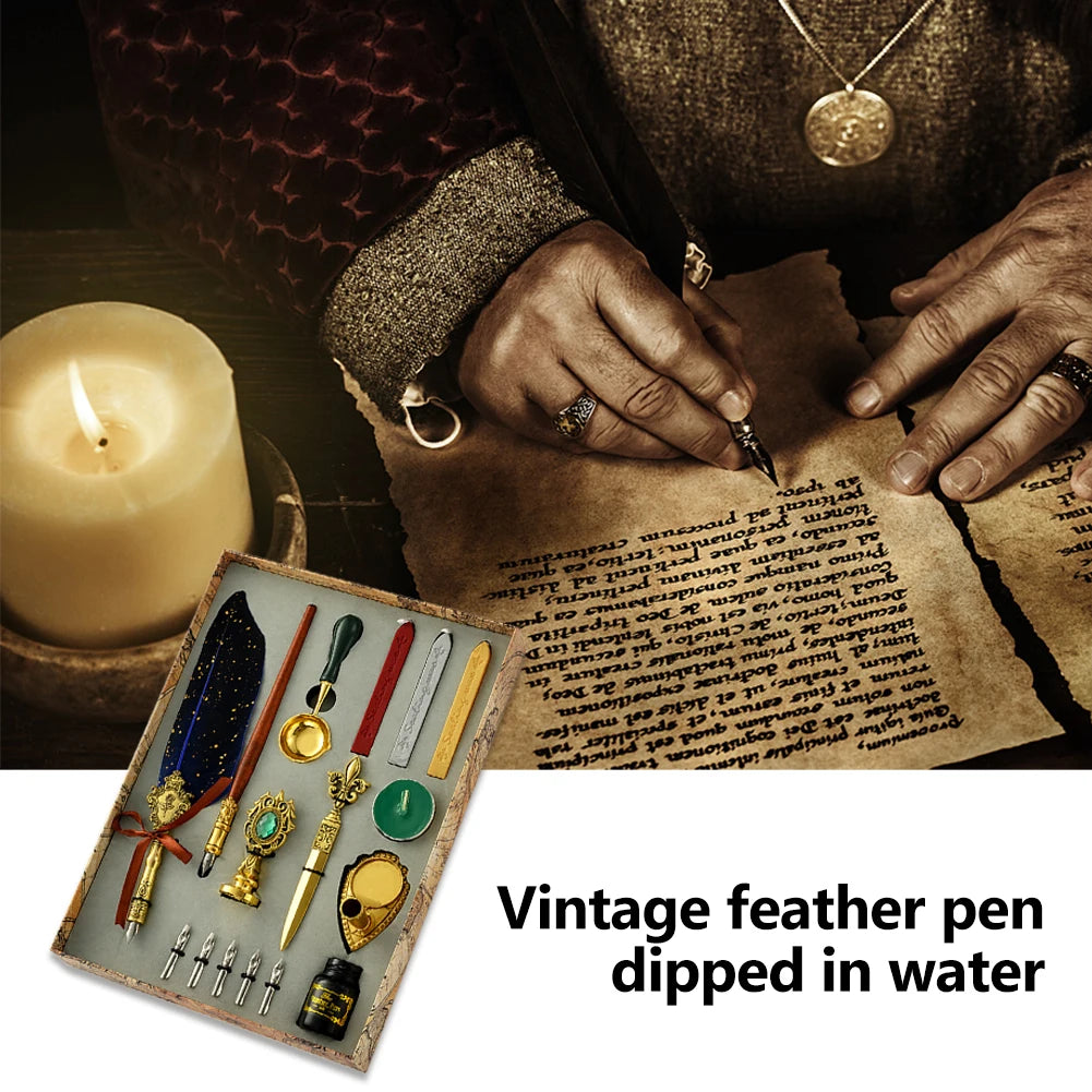 Retro Feather Pen Writing Ink Set Creative Exquisite Feather Dip Fountain Pen Sets Art Supplies Crafts Gifts for Student DIY