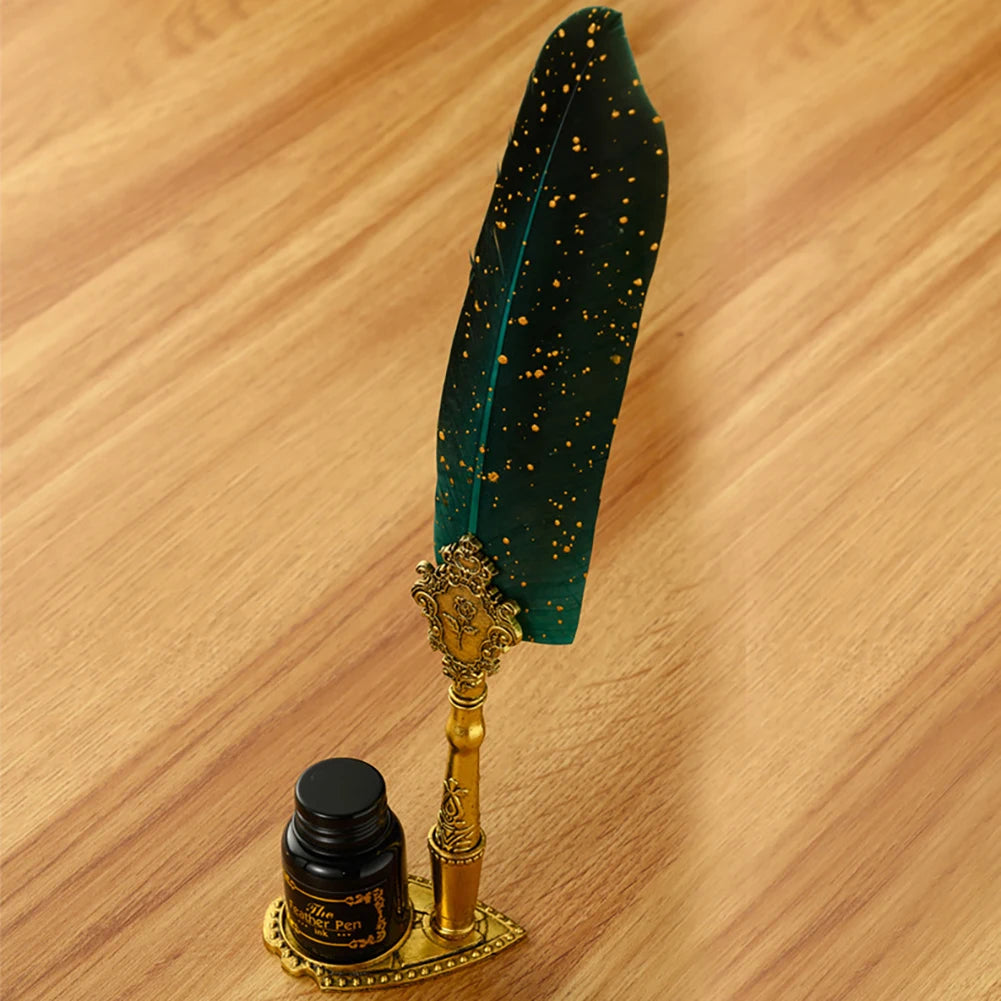 Retro Feather Pen Writing Ink Set Creative Exquisite Feather Dip Fountain Pen Sets Art Supplies Crafts Gifts for Student DIY