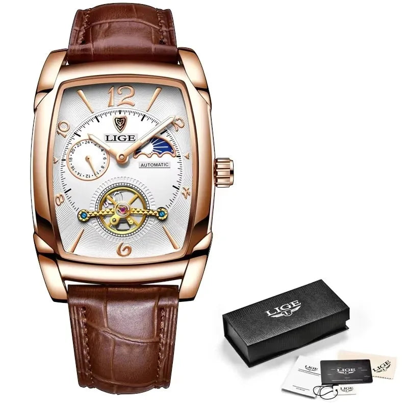 LIGE Top Brand Luxury Mens Watches Square Automatic Watch for Men Tourbillon Clock Genuine Leather Waterproof Mechanical Watch