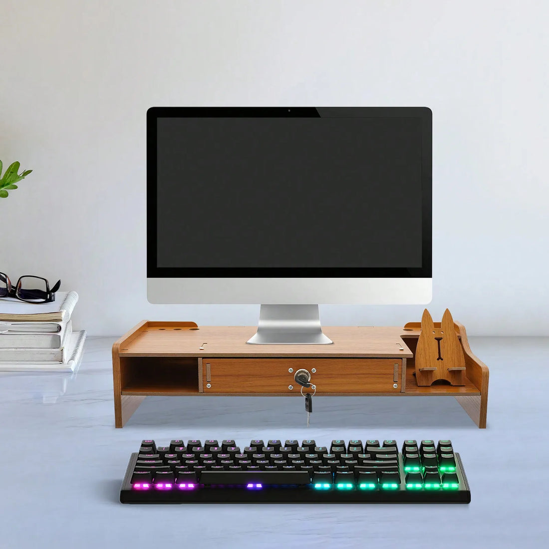 Monitor Stand With Lockable Drawer,Computer Desk Organizer With Mobile Phone Holder For Laptop,Computer